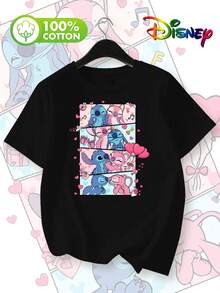 Disney-Lilo & Stitch & Angel Cartoon Print - Women's Summer New Fashion Pure Cotton Short-Sleeve T-ShirtMade From Soft, Comfortable, And Durable Pure Cotton, This Is An Ideal Choice For Spring And Summer. This Crew Neck T-Shirt Is Suitable For Various Occasions, Including Everyday Wear, Shopping, Parties, Travel, And Gatherings, And Also Makes A Thoughtful Gift. - Black - View 1
