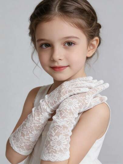 Mid-Length Lace Fingerless Bridal Gloves, White, Elastic, Breathable, Sun Protection, Vintage Elegant