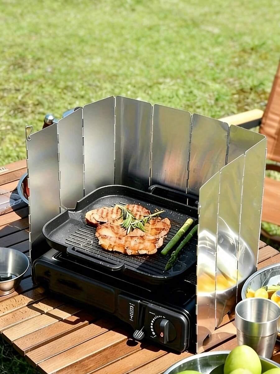 Portable Folding Windproof Sunshade For Outdoor Cooking, Lightweight And Metal Sun Visor With Adjustable Angle. Portable Design Suitable For Camping, Hiking, Picnics - A Must-Have For Grills, Stoves And Hot Pots. Stylish Metallic Texture - Multicolor - View 1