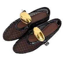 Round Headed Niche Fish Mesh Hollowed Out Ballet Shoes For Women, New Fashionable And Simple Flat Bottomed Belt Buckle Single Shoes - 黑色網 - 查看 6