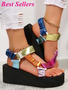 女士坡跟厚底凉鞋，织物鞋面，舒适EVA泡沫鞋垫，欧美风厚底夏季时尚沙滩凉鞋 - 香檳色 - 查看 13