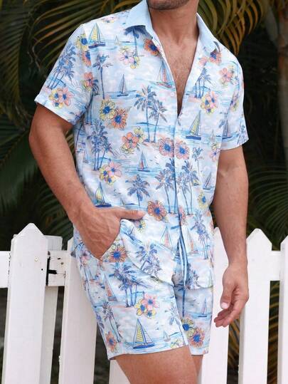 男士印花短袖衬衫和休闲短裤套装