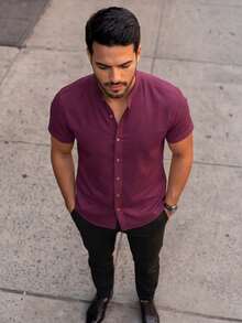 Men's Premium Short-Sleeve Shirt, Lightweight Fabric, Easy To Iron,  For Summer And Beach, Linen Look - - 勃根地紫 - 查看 6