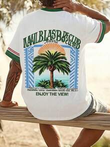 男士圆领字母和棕榈树印花休闲度假风短袖T恤 - 白色 - 查看 3