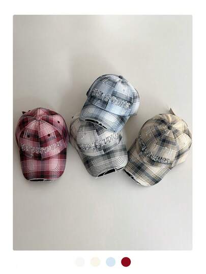 1pc American Vintage Ripped Large Check Baseball Cap, Retro Distressed Plaid Baseball Hat For Women, Streetwear Snapback, Petite Face Flattering, Casual Versatile Hip Hop Cap