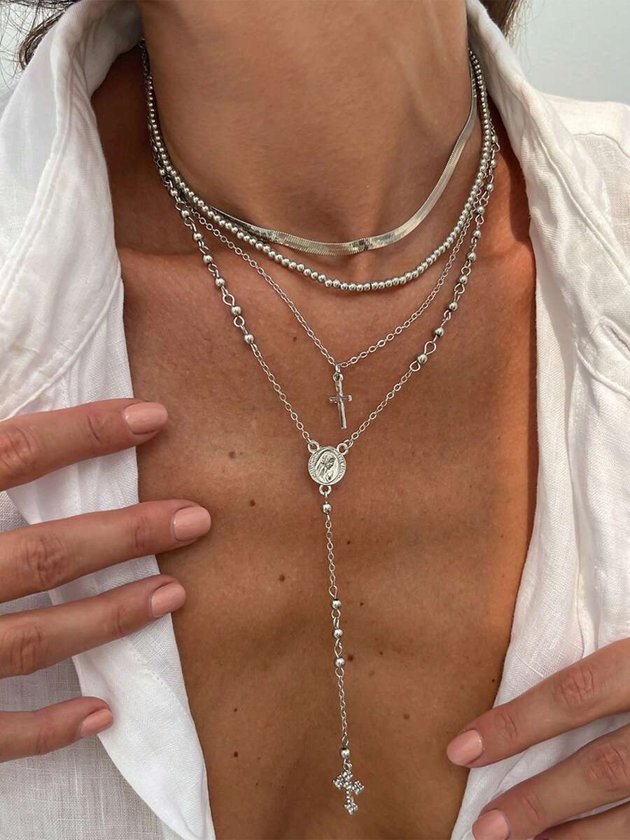 Bộ 4 chiếc vòng cổ tua rua hình đồng xu phong cách Bohemian cổ điển, vòng cổ dài kiểu dáng nghỉ dưỡng, quà tặng trang sức độc đáo phù hợp cho các bữa tiệc, họp mặt và đeo hàng ngày. - Bạc - Xem 1