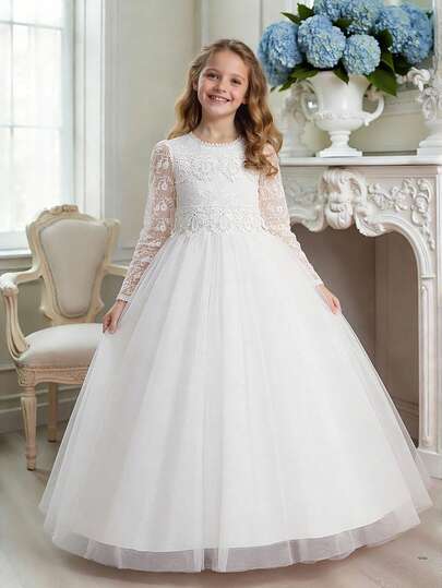 Tween Girls Long Sleeve Floral Lace Trim Mesh Elegant Flower Girl Dress For Wedding Party, Headband Not Included