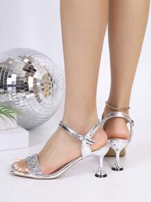 Sandalias de tacón alto con tira única y punta cuadrada, con adornos de lentejuelas y rhinestones, elegantes y de moda, apropiadas para primavera/verano - Plateado - Ver 4