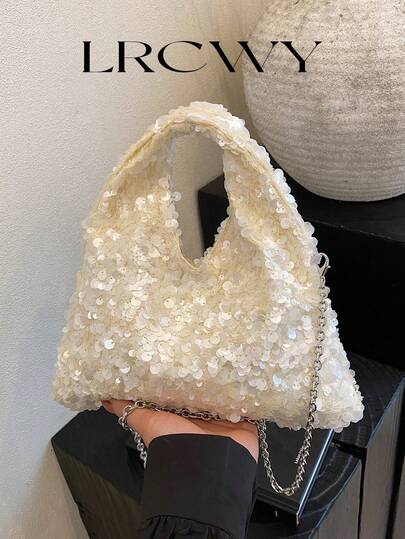Women's Crescent Moon Shaped Sequin Handbag, Romantic Elegant Phone Pouch With Metal Chain, White Color Suitable For Shopping, Wedding, Party, Can Be Worn As Crossbody