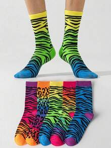 5双装女士时尚豹纹中筒袜，适合所有季节 - 彩色 - 查看 2