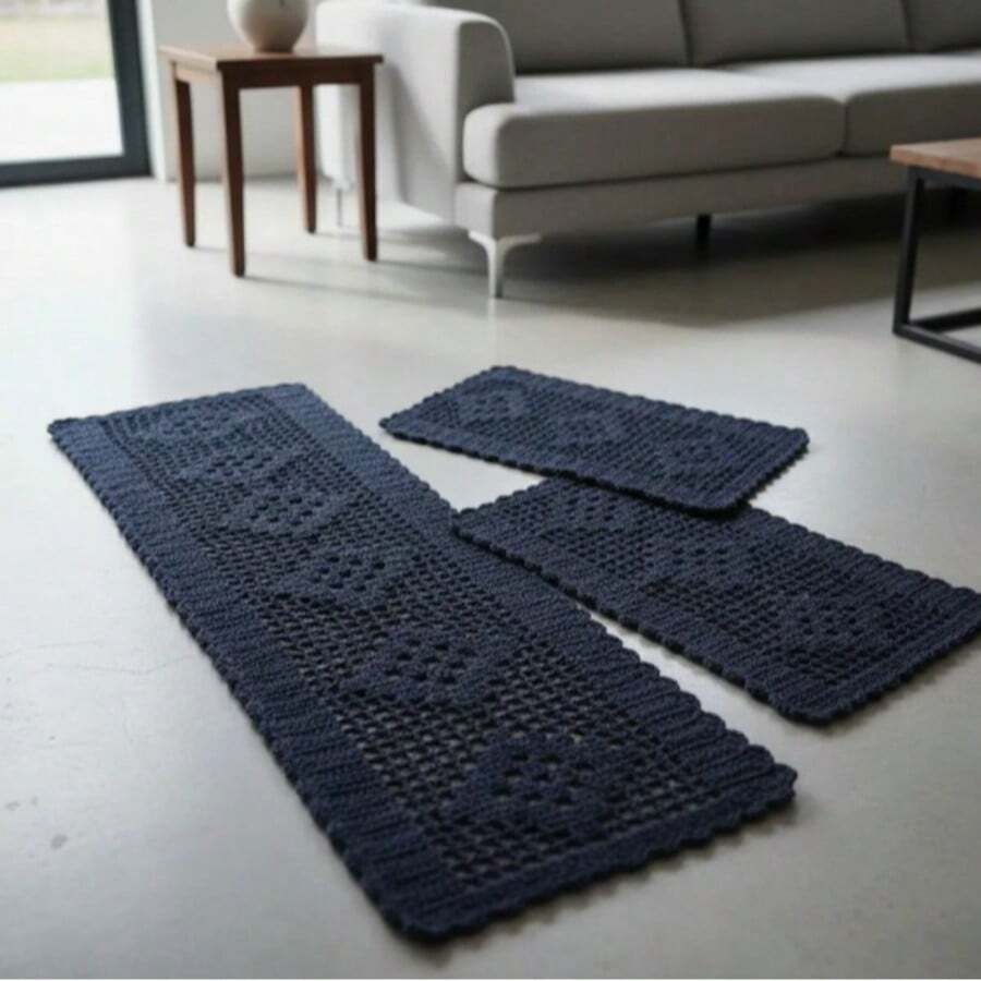 Rectangular Kitchen Rug And Runner Kit 3 Pieces Rhombus - màu đen - Xem 1