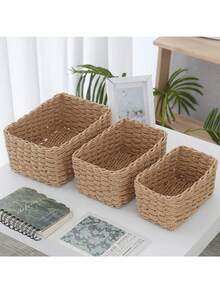 编织篮套装，带提手纸绳收纳篮，小型编织篮，可爱装饰礼品篮，储物容器，橱柜抽屉收纳篮，卧室、客厅、宿舍、桌面收纳篮，乡村风装饰篮，可重复使用的波西米亚风收纳篮，适用于文具、衣柜、玩具、化妆品等，桌面收纳篮，理想的礼品篮 - 棕色 - 查看 4
