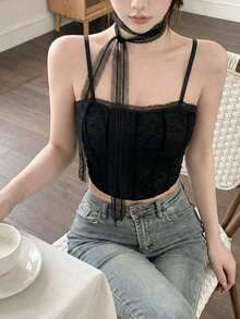 性感蕾丝吊带背心，无袖露脐上衣，带胸垫，优雅显瘦，夏季新品 - 黑色 - 查看 2