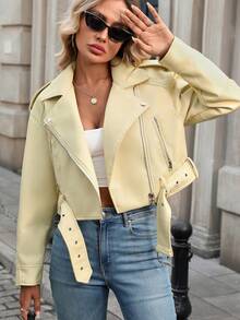 Women's Solid Color Minimalist Everyday Zip-Up Short Jacket - True Yellow - View 5