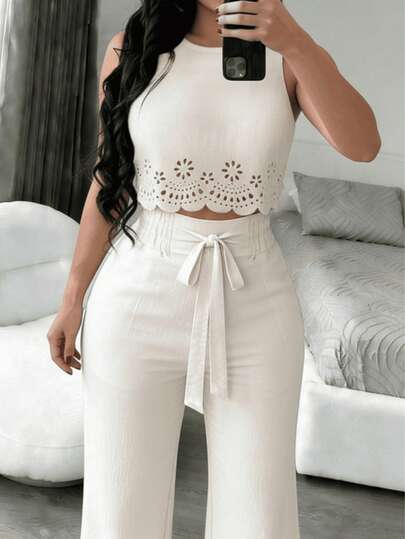 Conjunto de top corto y pantalón ancho para mujer con detalle de ojales, traje blanco sin mangas de dos piezas para uso informal de verano.
