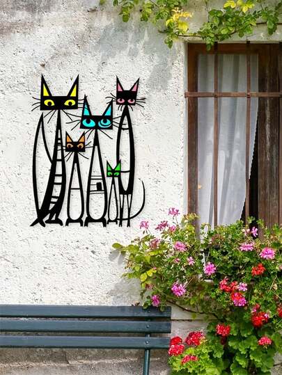 1 pieza - Arte de pared metálico con silueta de gato cubista de Picasso - Diseño geométrico plano 2D con decoraciones coloridas, adecuado para decoración de paredes interiores y exteriores, ideal para patios, jardines, salas de estar y dormitorios, decoración duradera para vallas exteriores, regalo para nuevos hogares, regalo para amantes de los gatos