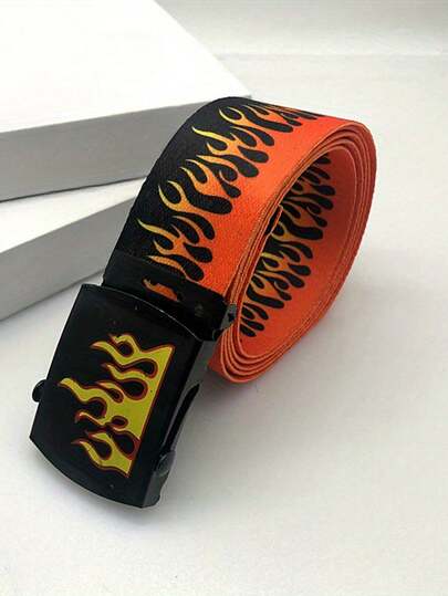 1pc Unisex Vintage Flame Print Canvas Belt, Hip Hop Style Automatic Buckle Waist Strap, Suitable For Daily Wear