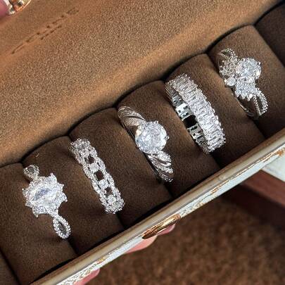 5 pièces Ensemble de bagues couronne géométrique élégante de luxe, bagues en cuivre incrusté de zircone cubique délicat, convient pour le mariage, la fête, le cadeau, le port quotidien