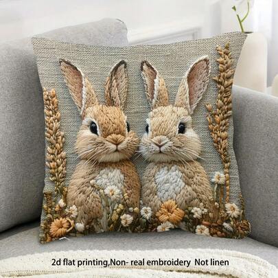 1pc Easter 2D Printed Rabbit Pattern Pillowcase, Pastoral Style Super Cute Decoration, Featuring Single-Sided Print Design, Zipper Closure, Machine Washable, No Internal Filling, Suitable For Living Room, Bedroom, And Sofa Home Decor 18*18 Inch