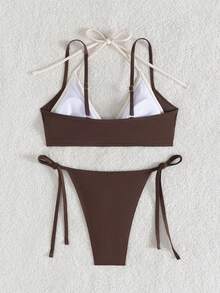 Bộ bikini gợi cảm buộc dây cổ, phối màu, thích hợp cho nữ, đi biển mùa hè. - Màu be + Nâu - Xem 4