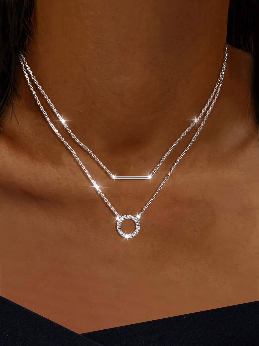 1pc S925 Sterling Silver Minimalist Double-Layer Geometric Necklace, Unique Delicate Choker Necklace, Perfect Gift For Girlfriend/Wife On Valentine's Day Or Birthday - Double-layer Necklace - View 1