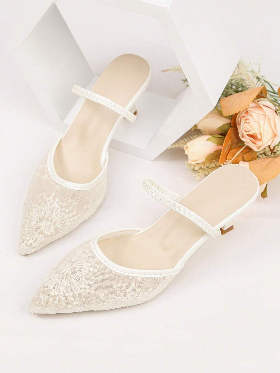 Women's Embroidered Pointed Toe Mesh Floral Open Toe High Heel Pearl Slip-On Backless Bridal Wedding Sandals