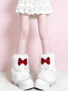 1 Pair Sweet Wine Red Bow & White Fuzzy Leg Warmers (May Have Light Shedding) - Multicolor - View 13