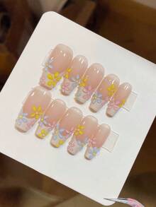 10片手工长棺材形美甲贴纸，裸粉色搭配乳白色法式尖角，饰以彩色3D立体花朵，可爱精致，适合女性和女孩，春、夏、秋、冬皆宜，可用于派对、日常佩戴。 - 彩色 - 查看 1