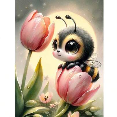 1pc [30*40cm/11.8*15.7in]5D Acrylic Diamond Painting Kit, Tulip And Bee Pattern, Suitable For Adult Beginners DIY Mosaic Diamond Art, Full Drill Handmade DIY Diamond Painting, Suitable For Living Room, Bedroom, Office Wall Decor, Surprise Art Home Decor Gift For Family And Friends, Frameless