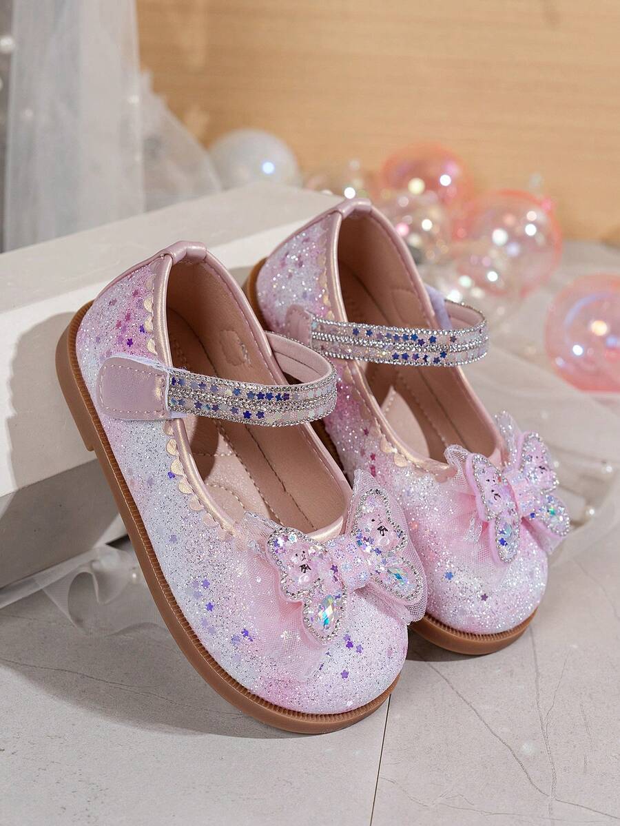 Giày công chúa đính sequin pha lê cho bé gái, mẫu Xuân/Hè 2026, có nơ, đế mềm, khóa dán. - Hồng - Xem 1