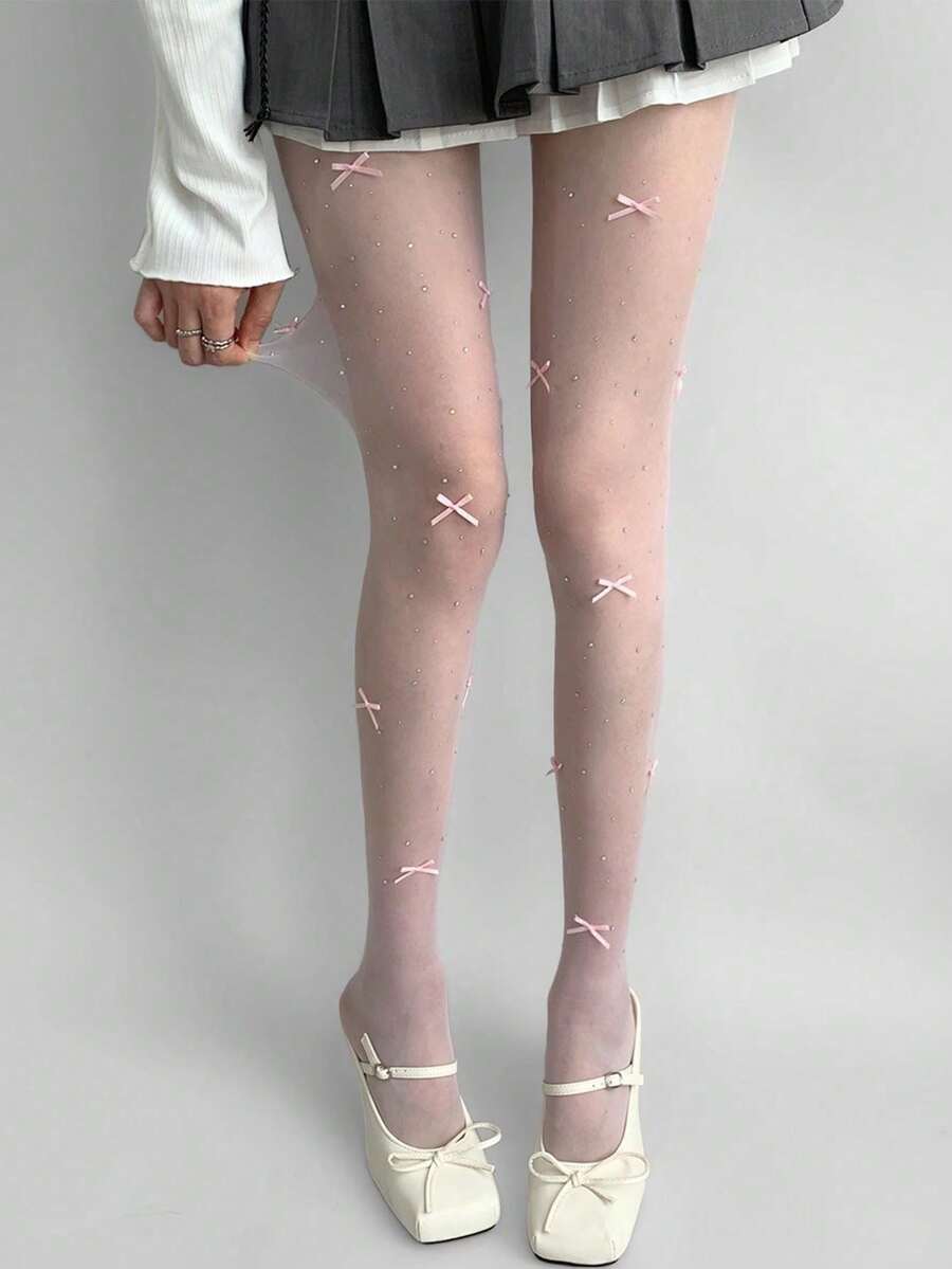 1双女士/女孩水钻蝴蝶结透明连裤袜，性感薄款紧身裤，适合日常、约会、派对及各种场合。 - 粉色 - 查看 1