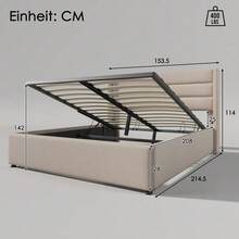 Storage Bed, Upholstered Bed, 140x200cm Hydraulic Double Bed, Wooden Slatted Base, Bed With Metal Slatted Base, Linen, Beige - Apricot - View 6
