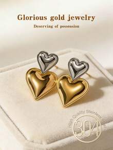 Thick Gold And Silver Dual Color Women's Heart-Shaped Earrings, Stainless Steel Heart-Shaped Pendant Earrings, Fashionable 18K Gold-Plated Pendant Earrings, Sparkling Exquisite Women's Earrings, Lightweight Hypoallergenic Earrings, Fashionable Asymmetric Geometric Design Earrings - Multicolor - View 2