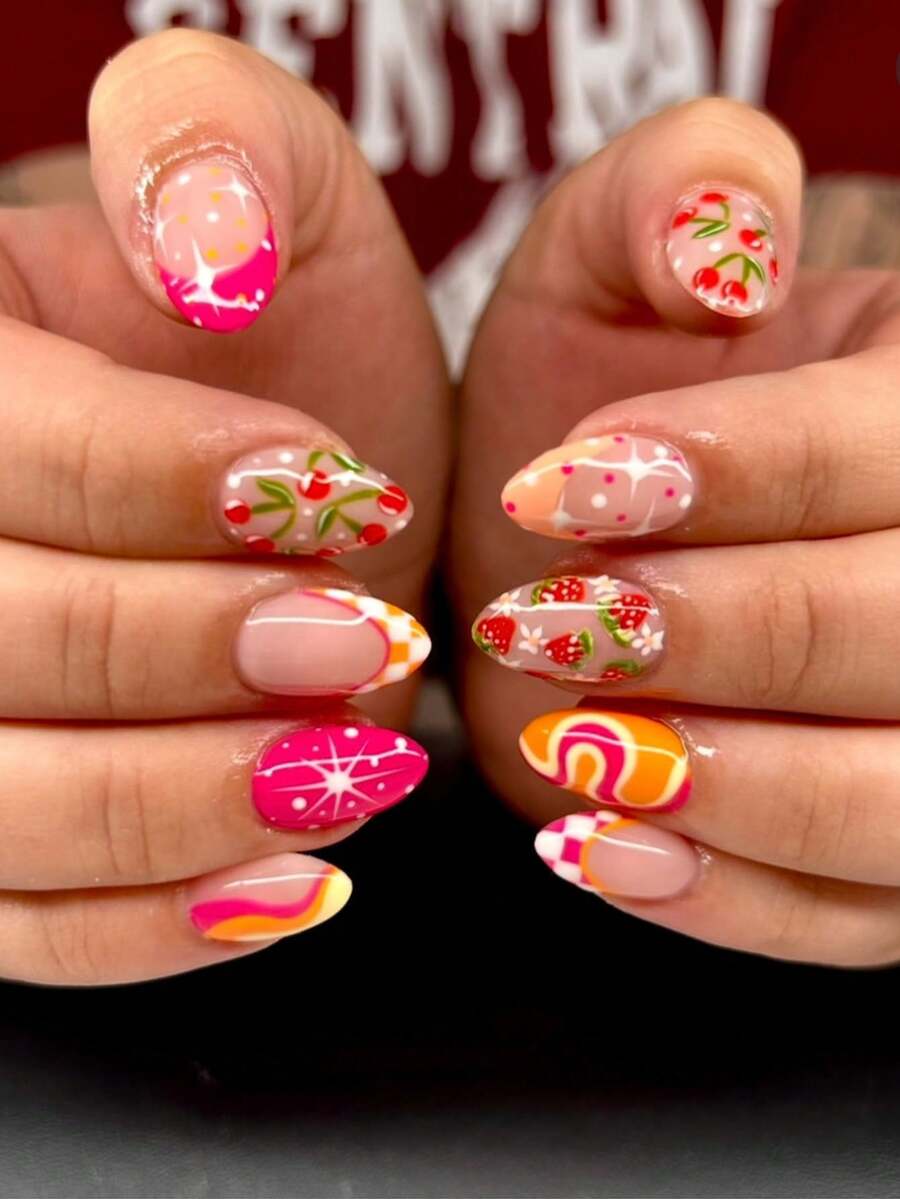 24pcs Almond-Shaped Nail Stickers, Retro Style Nail Stickers, Classic French Manicure Stickers, Strawberry & Cherry Patterns, Plaid & Asymmetrical Lines, White Star Design, Fresh & Beautiful Nail Sticker Set, Suitable For Girls, Office Ladies, Daily Wear, Dates, Holidays, Parties, Spring/Summer Adhesive Fake Nails - Multicolor - View 1