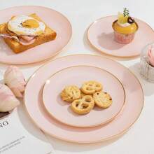 50/25/20/10/2pcs Pink Single Gold Rim Dinner Plates, Large Plate Size 10.25 Inches, Small Plate Size 7.5 Inches, Luxury High-End Tableware, Ideal For Family Gatherings, Birthday Parties, Outdoor Events, Holidays, Weddings And More. - Pink - View 4