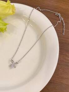 1件锆石蝴蝶心形吊坠项链，微镶心形锁骨链，适合日常佩戴，小众礼物 - 銀色 - 查看 6