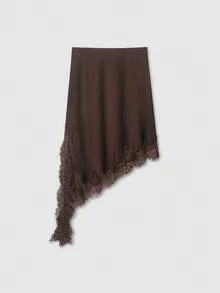 Asymmetric Lace Patchwork Silk-Feel Skirt - Brown - View 2