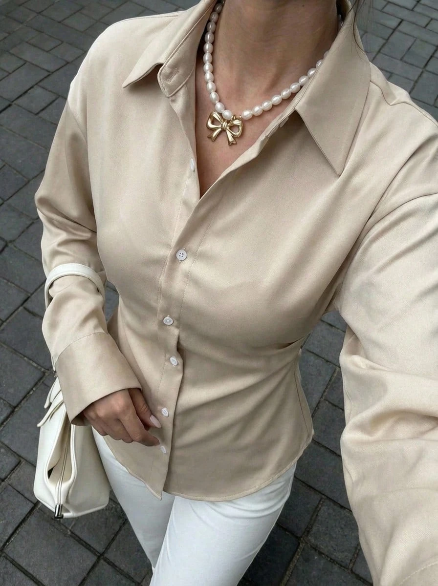 Buzzelle Casual Elegant Solid Color Ruched Waist Women's Shirt, Suitable For Autumn Wear - Apricot - View 1