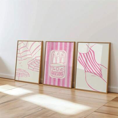3 قطع مجموعة ديكور غرفة السكن - مجموعة فن خط الساحل الوردي، لوحات جدارية لغرفة نوم شاطئية، فن فتاة أزياء، لوحات اقتباسات ملهمة، ديكور المنزل، لوحات على قماش