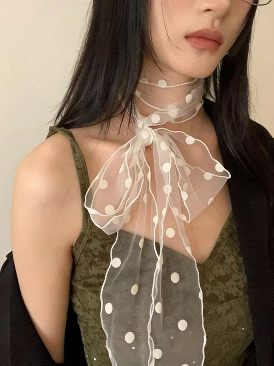 优雅蕾丝网眼波点围巾，新款夏季轻盈甜美百搭围巾/领带，女士适用 - 寬波點白色 - 查看 1