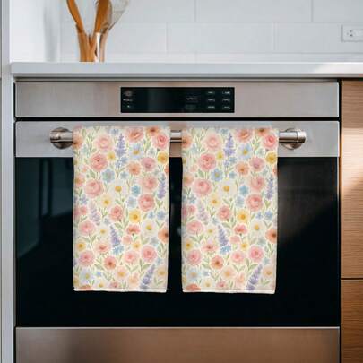 2pcs Watercolor Floral Printed Kitchen Towels, 40*60cm Absorbent Microfiber Dish Cloths, Farmhouse Style Dish Towels, Housewarming Gifts, Suitable For Kitchen And Bathroom, Great For Homemakers And Family Gatherings, High Cost-Effective Household Essential