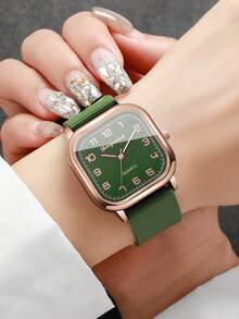 1 件女士硅胶表带时尚休闲方形数字刻度表盘石英腕表，款式（1 件/套，不含表盒） - 綠色 - 查看 3