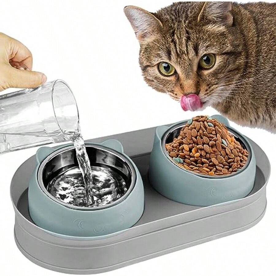Elevated Cat Food Bowls Raised Cat Bowl with Stand Stainless Steel Tilted Cat Bowls Anti Vomiting Double Cat Food and Water Bowl Set for Cats and Small Dogs Greyblue - Gris azulado - Ver 1