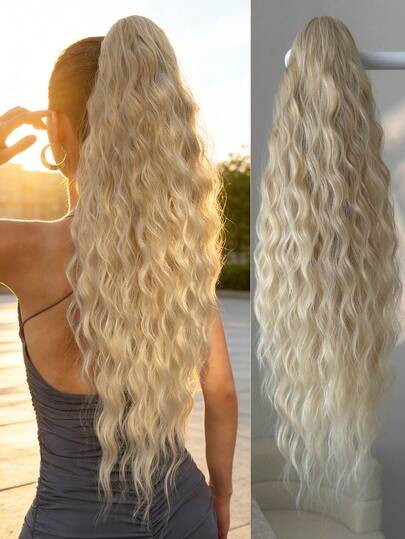 26 Inch Long Golden Wavy Thermoplastic Fiber Ponytail Wig, Women Daily Use Heat Resistant Ponytail Hair Accessory