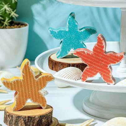 3pcs/Set Coastal Beach Tiered Tray Decor, Miniature Summer Wooden Signs Set, Rustic Nautical Style Decorations, Suitable For Home, Office, Bedroom Shelves (Starfish)