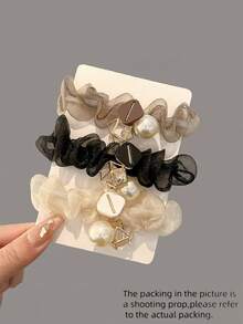 3件套新款优雅时尚珍珠水晶球欧根纱发圈，适合派对和日常使用 - 彩色 - 查看 1