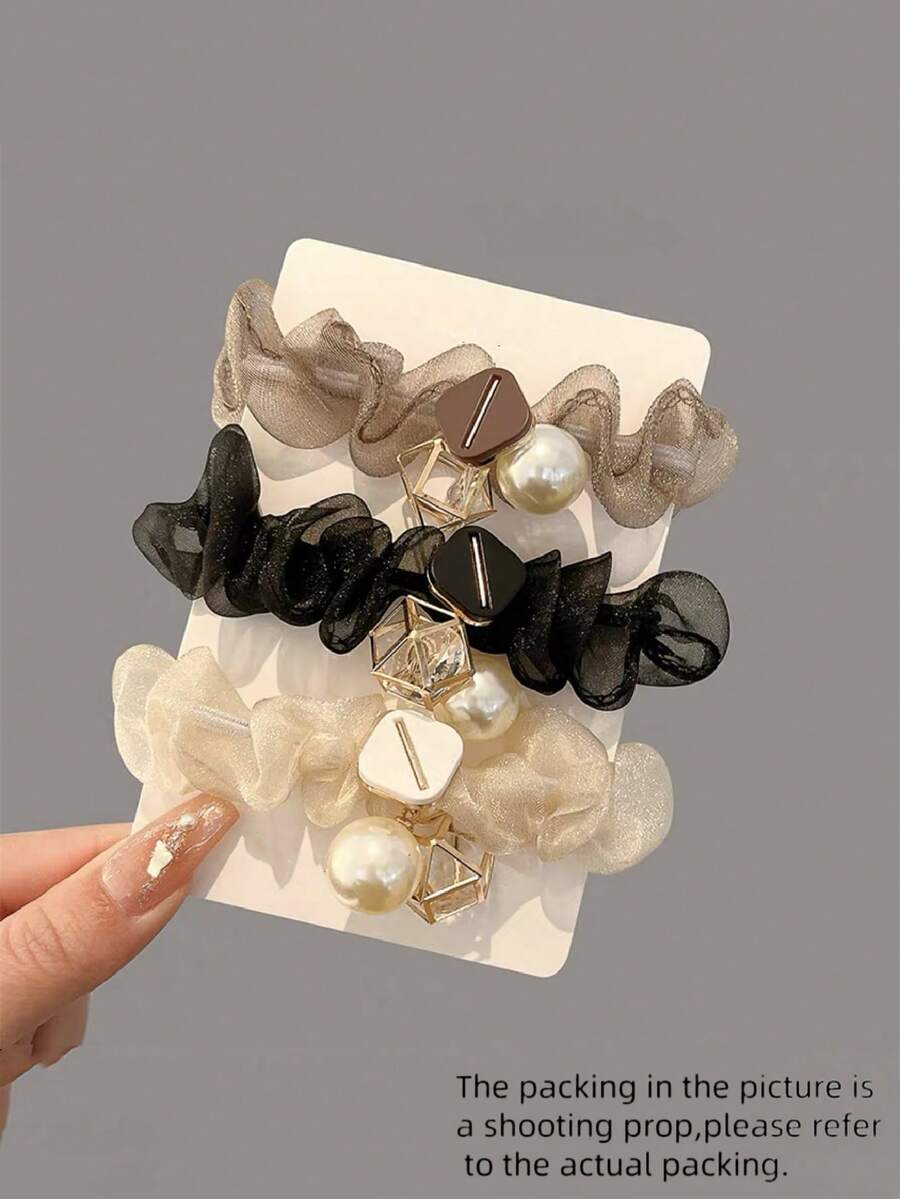 3件套新款优雅时尚珍珠水晶球欧根纱发圈，适合派对和日常使用 - 彩色 - 查看 1