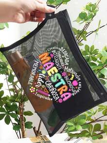 MAESTRA字母图案网眼袋，字母印花网眼拉链化妆包，透明网眼收纳袋洗漱包，女士礼物，适合收纳化妆品、宿舍化妆品、旅行用品，礼品袋，教师节礼物袋，送给老师的礼物，化妆包，化妆品收纳袋，化妆包，洗漱包，旅行洗漱包，度假必备旅行礼物 - 彩色 - 查看 8