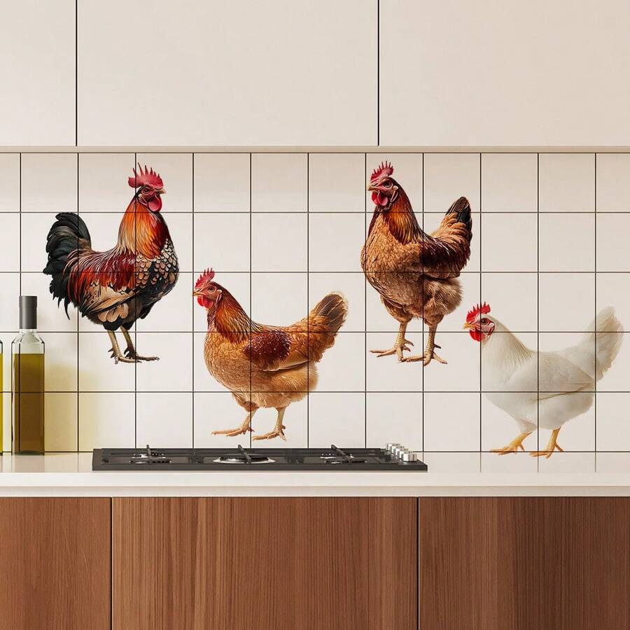 Hình dán tường gà trống và gà mái sống động như thật, hình dán động vật trang trại phù hợp cho khu vực bếp, phòng ăn, có thể tháo rời và tái sử dụng. - T508 - Xem 1