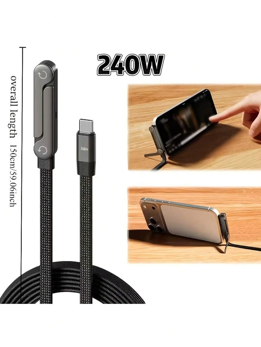240W-65W Foldable Fast Charging Cable With Adjustable Phone Holder, Dual Type-C & USB-C Super Fast Charging, Bend-Proof Design, Compatible With Apple 15-17 Series, S, Suitable For Car And Home Use